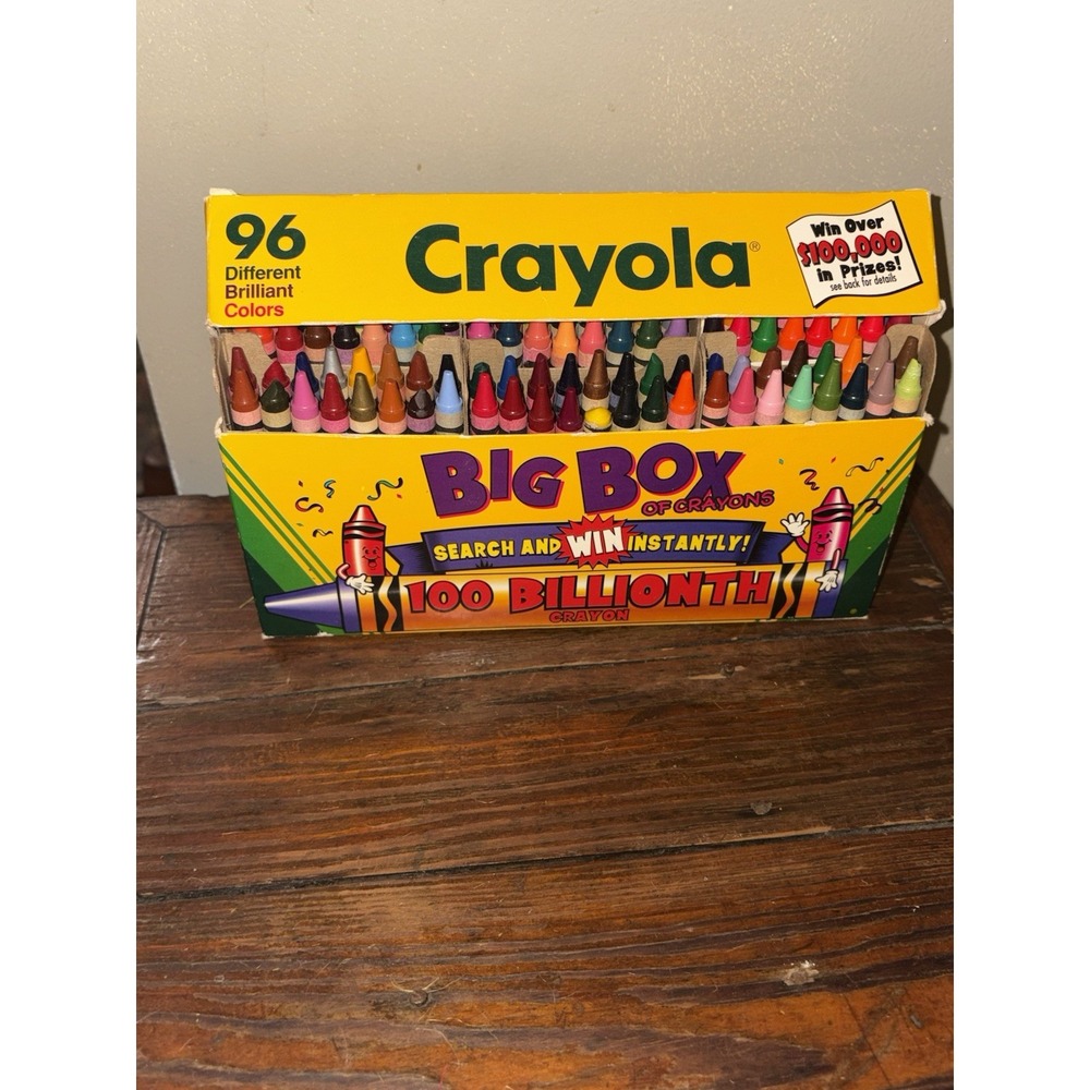 VTG Crayola 1995 Big Box 96 Crayons w/ Sharpener Opened & Some Used Blue Ribbon